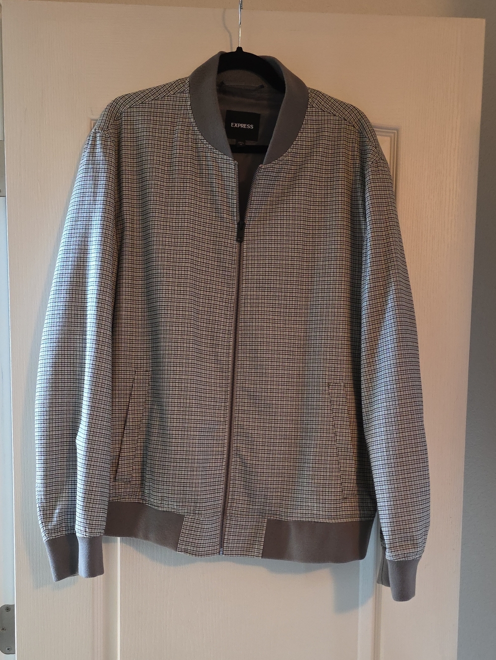 Express Men's Grey Checked Bomber Jacket with Ribbed Trim